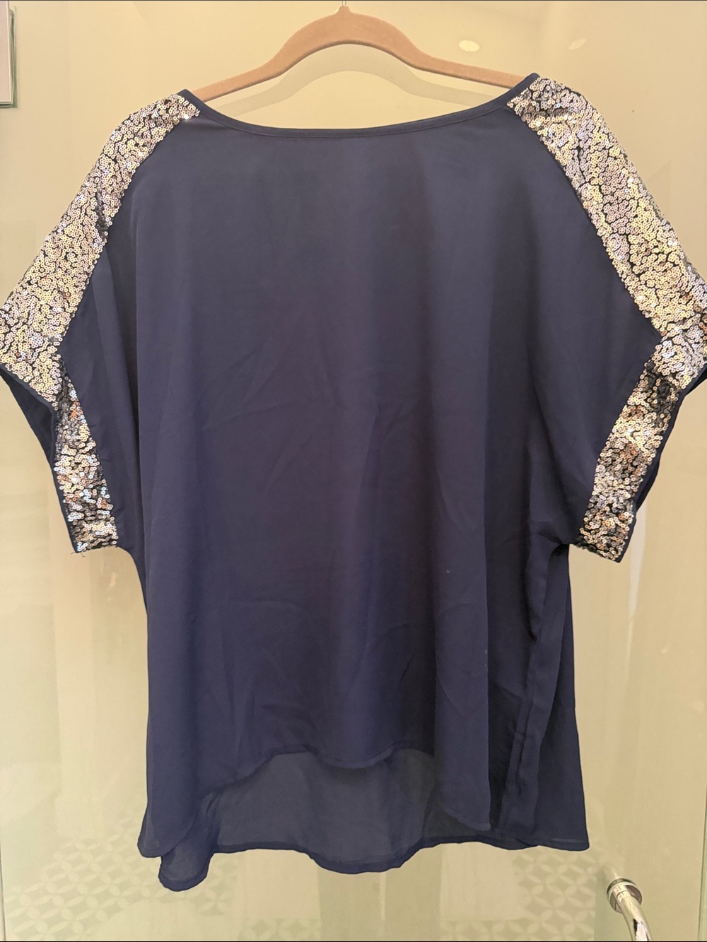 SHEIN Navy Blouse with Silver Sequin Sleeve Detail